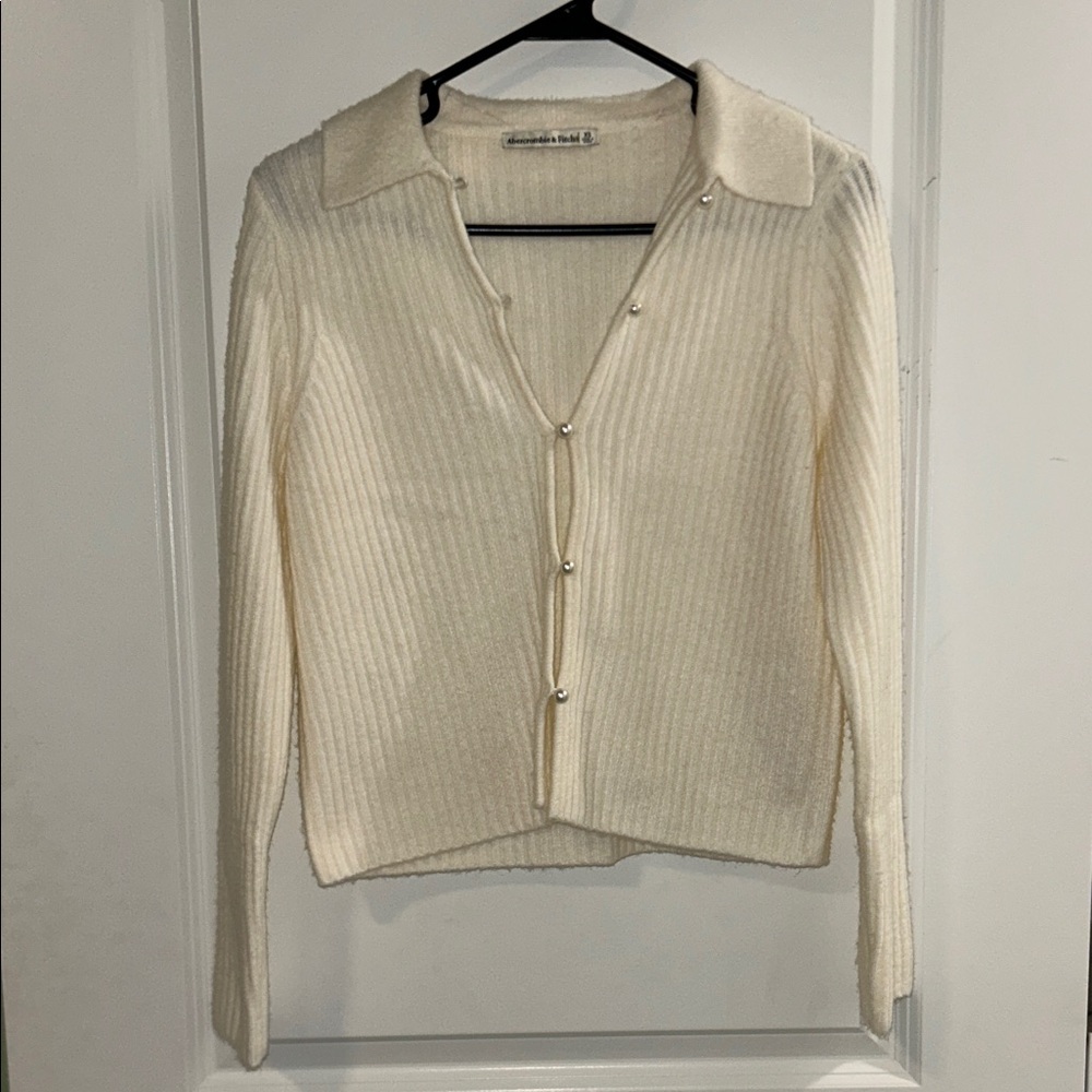 Abercrombie & Fitch Cream Ribbed Pearl-Button Cardigan with Collar